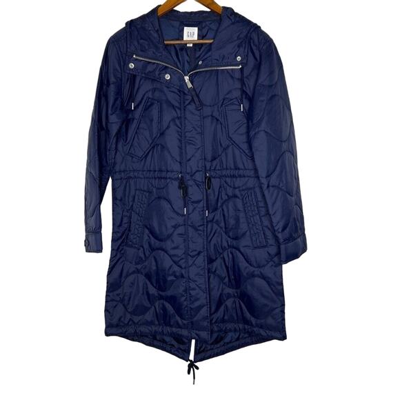 GAP Women's Small Navy Quilted Hooded Jacket Water-Resistant Drawstring Waist - Picture 1 of 11
